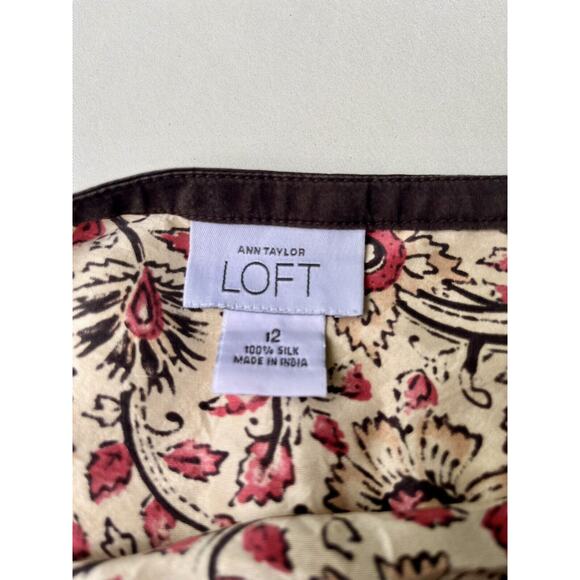 Ann Taylor Loft 100% Silk Size 12 30”Paisley Floral Ruffle Boho Midi Pink Brown - Picture 12 of 14